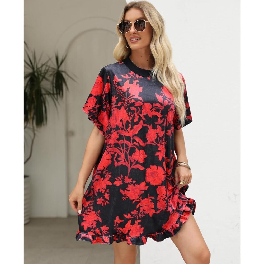 Women's Red Vintage Velvet Dress Mini Floral Printed Short Sleeve - Picture 4 of 7